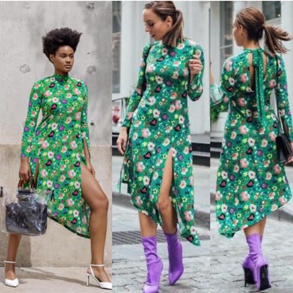 🥑5/$25 Topshop green floral asymmetrical Double slit high tie neck dress sz 8